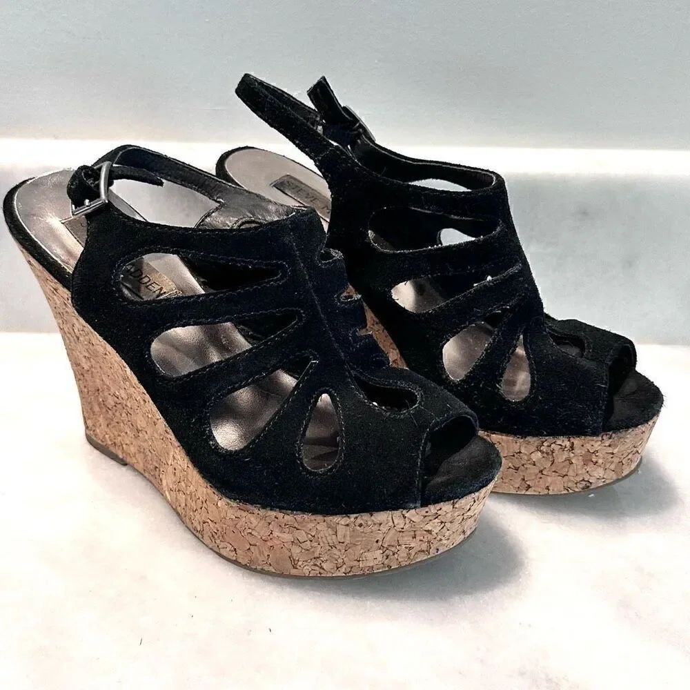 Steve Madden Womens Cork Wedge Adjustable Strappy Sandals Suede Black Size 6.5